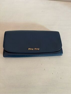 Miu Miu Dark Blue Leather Continental Wallet with Gold Logo